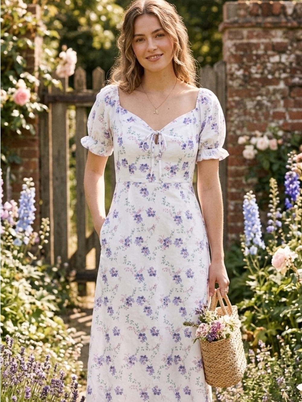 White Floral Puff-Sleeve Midi Dress - Lavender Print